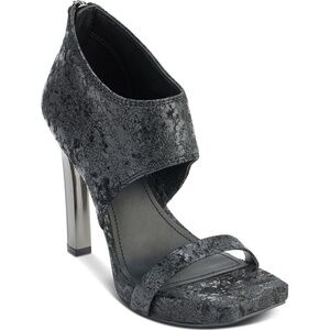 Dkny Black Gray Heels with Textured Straps and Metallic Heel